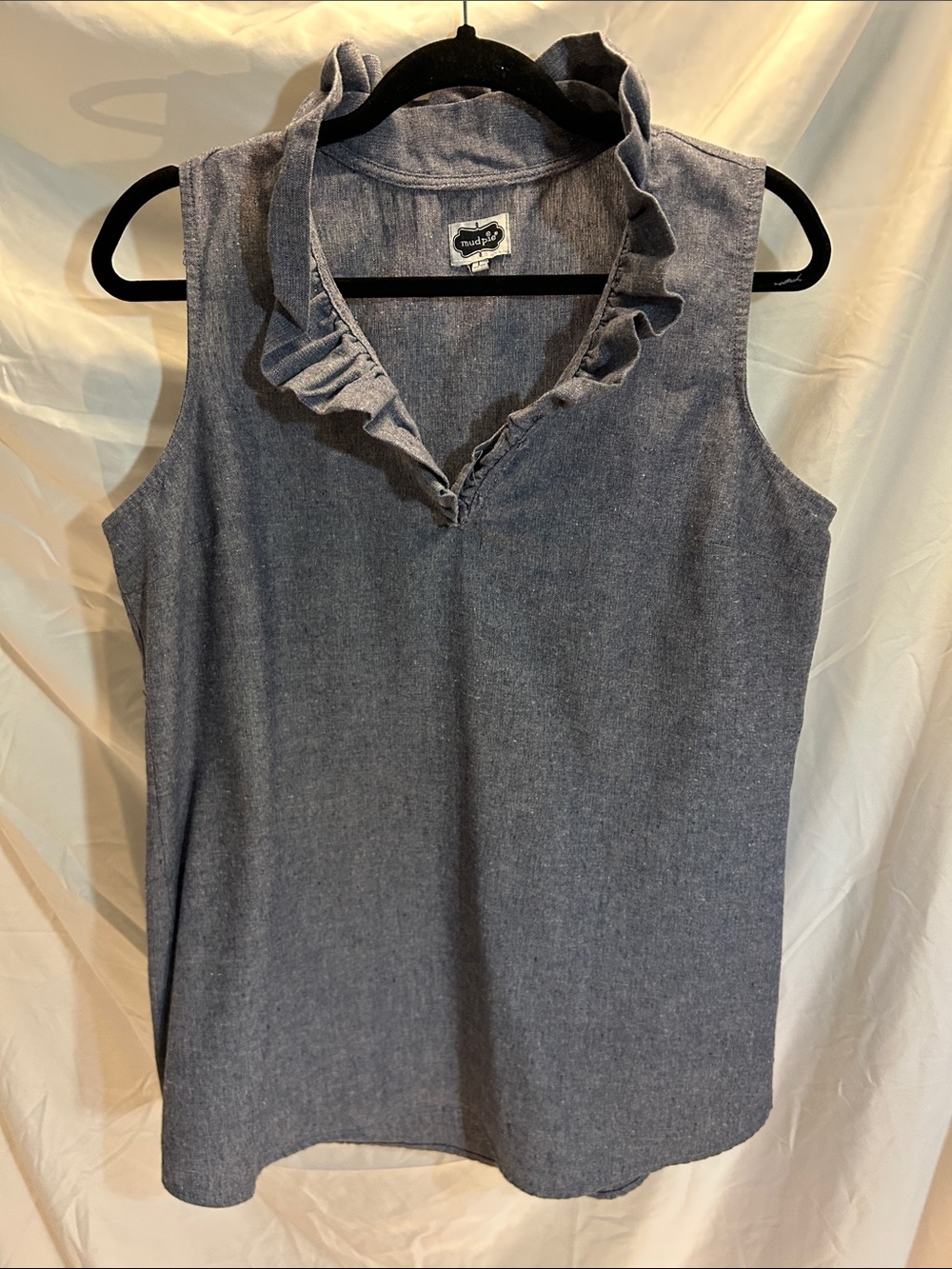 Mud Pie Sleeveless Ruffle V-Neck Top - Chambray Blue